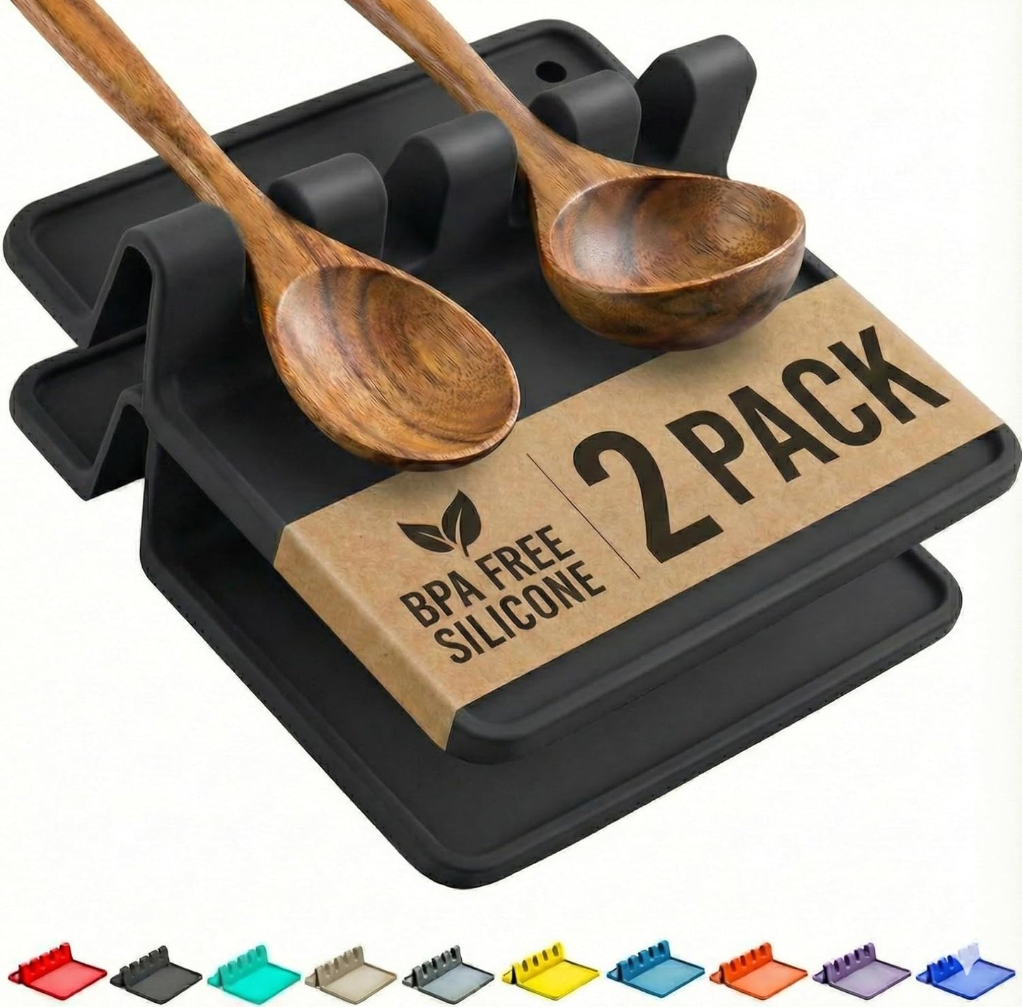 Black Silicone Spoon Rest for Stove Top with Drip Pad (Two Pack) - Heat-Resistant, BPA-Free Utensil Rest & Spoon Holder for Kitchen Counter - Grill Utensil Holder for Spatulas