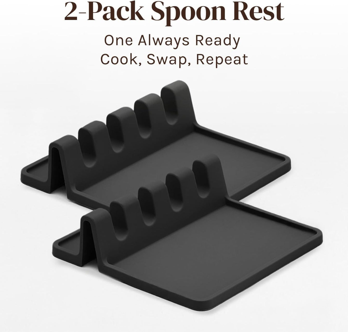 Black Silicone Spoon Rest for Stove Top with Drip Pad (Two Pack) - Heat-Resistant, BPA-Free Utensil Rest & Spoon Holder for Kitchen Counter - Grill Utensil Holder for Spatulas