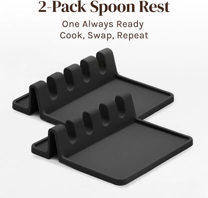 Black Silicone Spoon Rest for Stove Top with Drip Pad (Two Pack) - Heat-Resistant, BPA-Free Utensil Rest & Spoon Holder for Kitchen Counter - Grill Utensil Holder for Spatulas