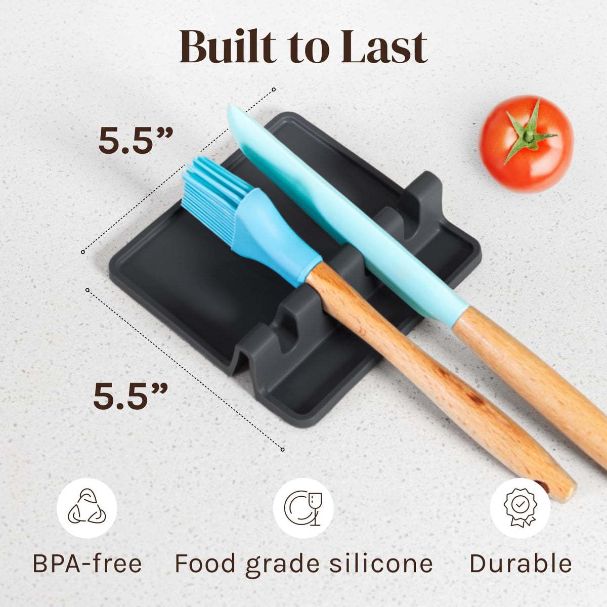 Black Silicone Spoon Rest for Stove Top with Drip Pad (Two Pack) - Heat-Resistant, BPA-Free Utensil Rest & Spoon Holder for Kitchen Counter - Grill Utensil Holder for Spatulas