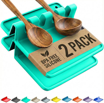 Black Silicone Spoon Rest for Stove Top with Drip Pad (Two Pack) - Heat-Resistant, BPA-Free Utensil Rest & Spoon Holder for Kitchen Counter - Grill Utensil Holder for Spatulas