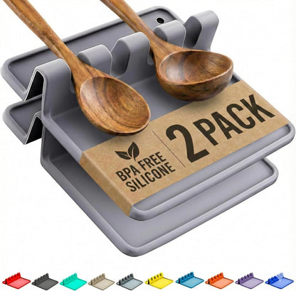 Black Silicone Spoon Rest for Stove Top with Drip Pad (Two Pack) - Heat-Resistant, BPA-Free Utensil Rest & Spoon Holder for Kitchen Counter - Grill Utensil Holder for Spatulas