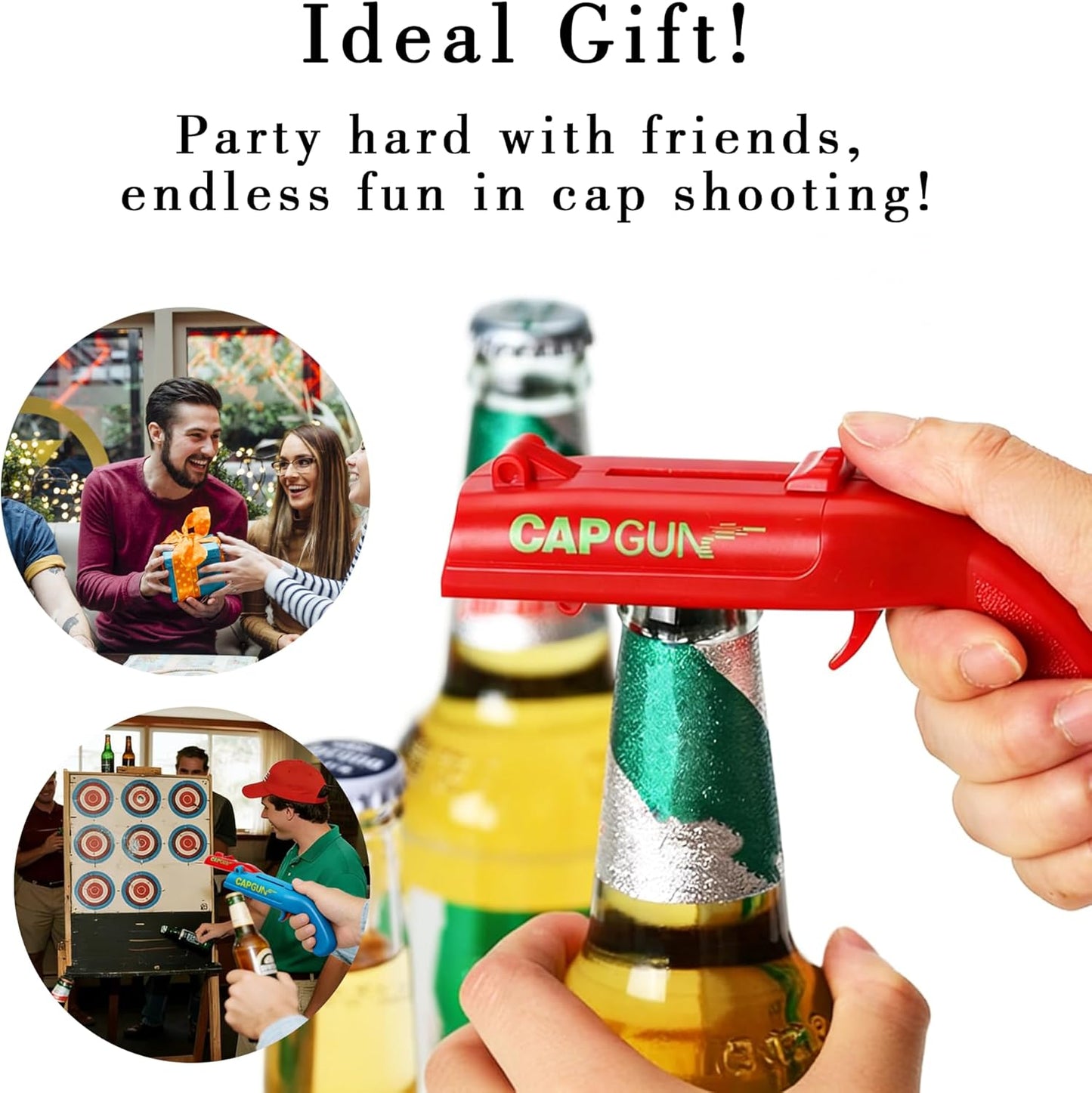 Bottle Opener with Cap Launcher – Funny Shooting Gun for Parties, BBQ, Tailgates – Unique Beer Cap Shooter Gadget for Men – Cool Gifts for Husband, Him on Birthday, Father's Day(Red+Blue)