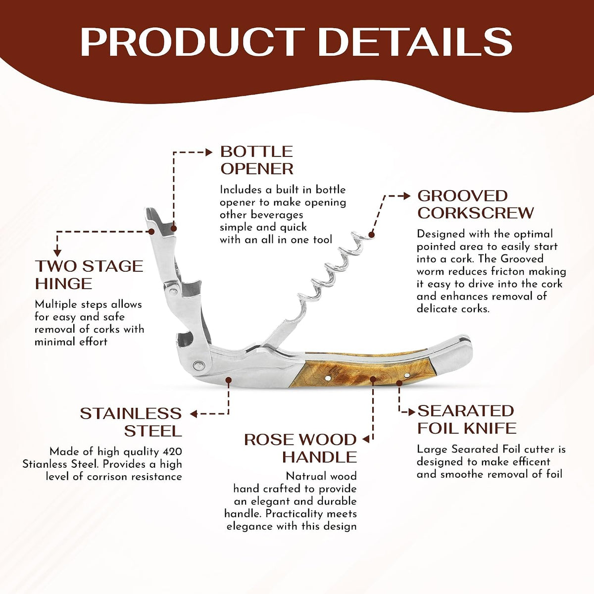 Premium Professional Corkscrew Wine Opener with Elegant Wood Handle, Manual Wine Key with Foil Knife and Cap Bottle Opener for Bartenders, Waiters and Sommeliers