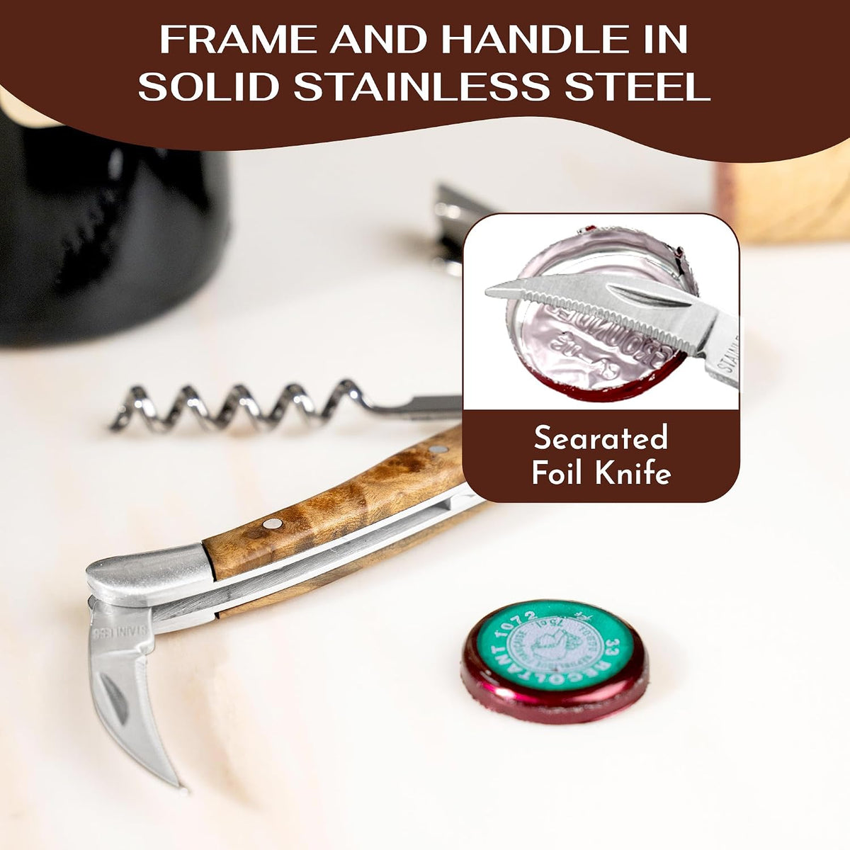 Premium Professional Corkscrew Wine Opener with Elegant Wood Handle, Manual Wine Key with Foil Knife and Cap Bottle Opener for Bartenders, Waiters and Sommeliers