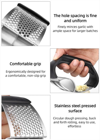 2-in-1 Garlic Press Rocker Stainless Steel with Slicer Blade, Garlic Roller,Garlic Rocker Press for Ginger & Chili, Ergonomic Non-Slip Handle, Dishwasher Safe Garlic Crusher