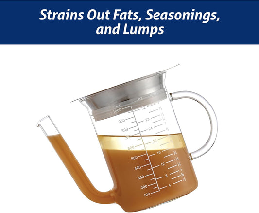 Kitchen Roasting Fat Separator Gravy Strainer, Borosilicate Glass, 32-Ounces, For Stress-Free Holiday Meal Prep and Serving