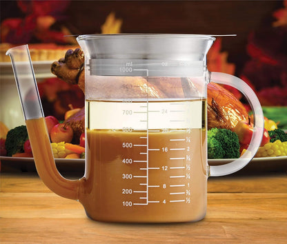 Kitchen Roasting Fat Separator Gravy Strainer, Borosilicate Glass, 32-Ounces, For Stress-Free Holiday Meal Prep and Serving