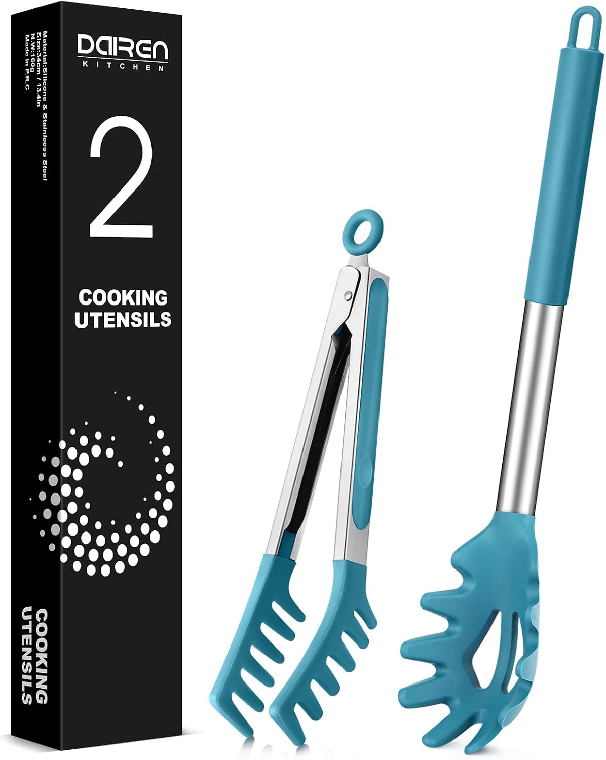 Spaghetti Spoon and Pasta Tong, Non-stick Silicone Spoon Server Fork with teeth and Stainless Steel Handle Spaghetti Tong, Food Clip for Spaghetti Noodle (BLACK)