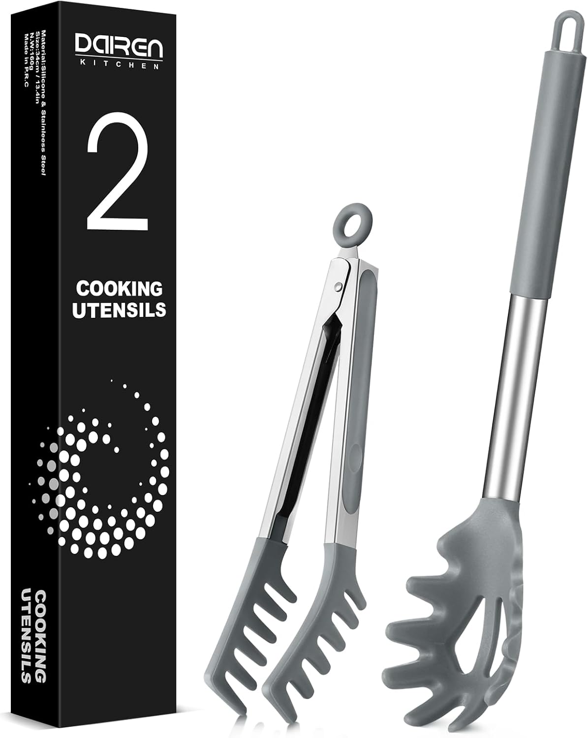 Spaghetti Spoon and Pasta Tong, Non-stick Silicone Spoon Server Fork with teeth and Stainless Steel Handle Spaghetti Tong, Food Clip for Spaghetti Noodle (BLACK)