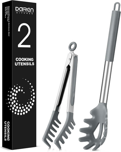 Spaghetti Spoon and Pasta Tong, Non-stick Silicone Spoon Server Fork with teeth and Stainless Steel Handle Spaghetti Tong, Food Clip for Spaghetti Noodle (BLACK)