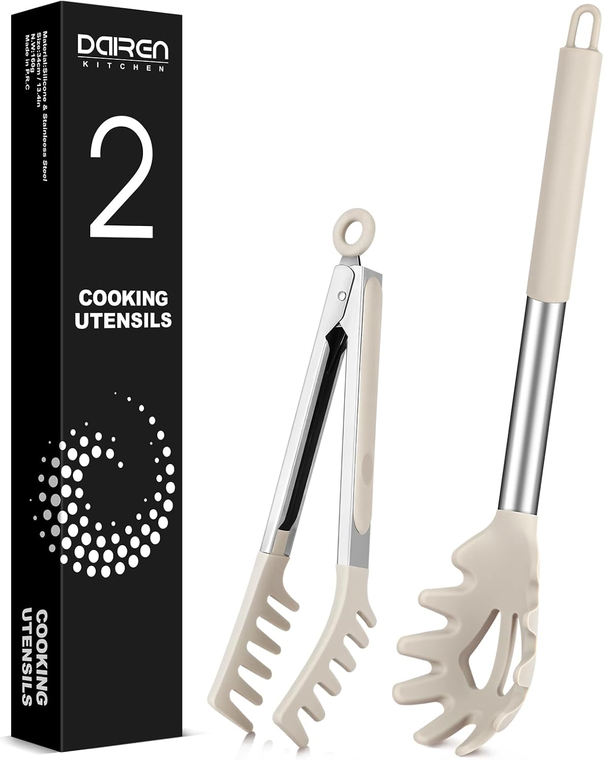 Spaghetti Spoon and Pasta Tong, Non-stick Silicone Spoon Server Fork with teeth and Stainless Steel Handle Spaghetti Tong, Food Clip for Spaghetti Noodle (BLACK)