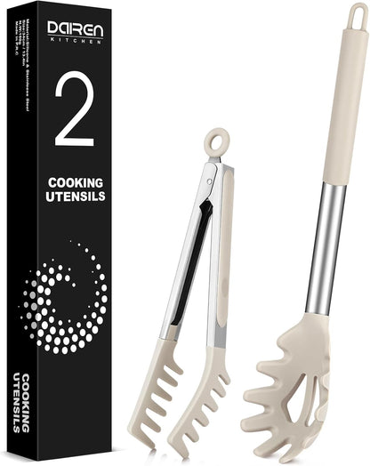 Spaghetti Spoon and Pasta Tong, Non-stick Silicone Spoon Server Fork with teeth and Stainless Steel Handle Spaghetti Tong, Food Clip for Spaghetti Noodle (BLACK)