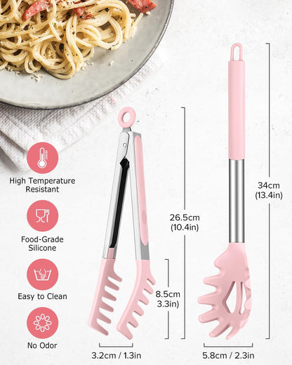 Spaghetti Spoon and Pasta Tong, Non-stick Silicone Spoon Server Fork with teeth and Stainless Steel Handle Spaghetti Tong, Food Clip for Spaghetti Noodle (BLACK)