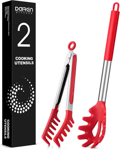 Spaghetti Spoon and Pasta Tong, Non-stick Silicone Spoon Server Fork with teeth and Stainless Steel Handle Spaghetti Tong, Food Clip for Spaghetti Noodle (BLACK)