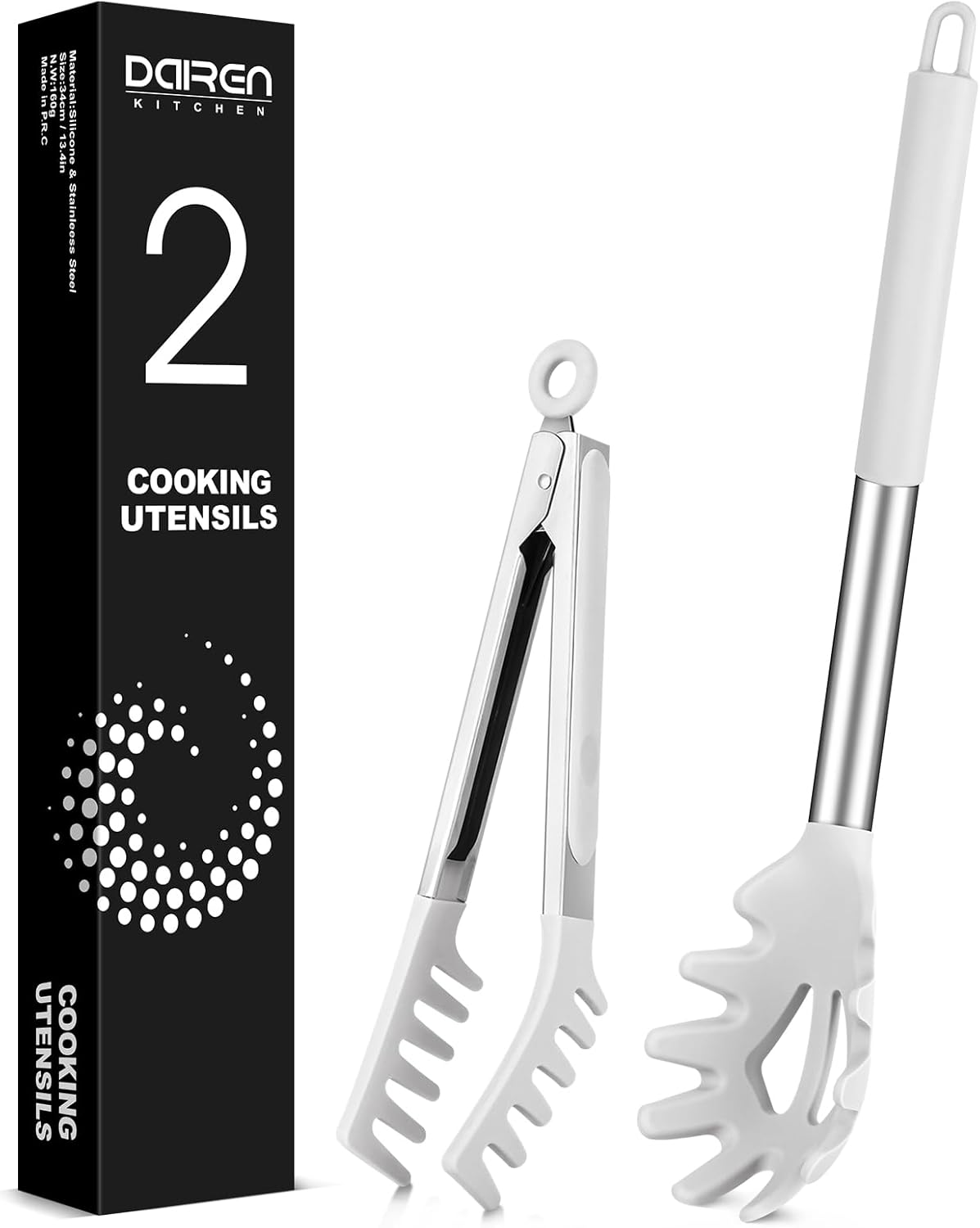 Spaghetti Spoon and Pasta Tong, Non-stick Silicone Spoon Server Fork with teeth and Stainless Steel Handle Spaghetti Tong, Food Clip for Spaghetti Noodle (BLACK)