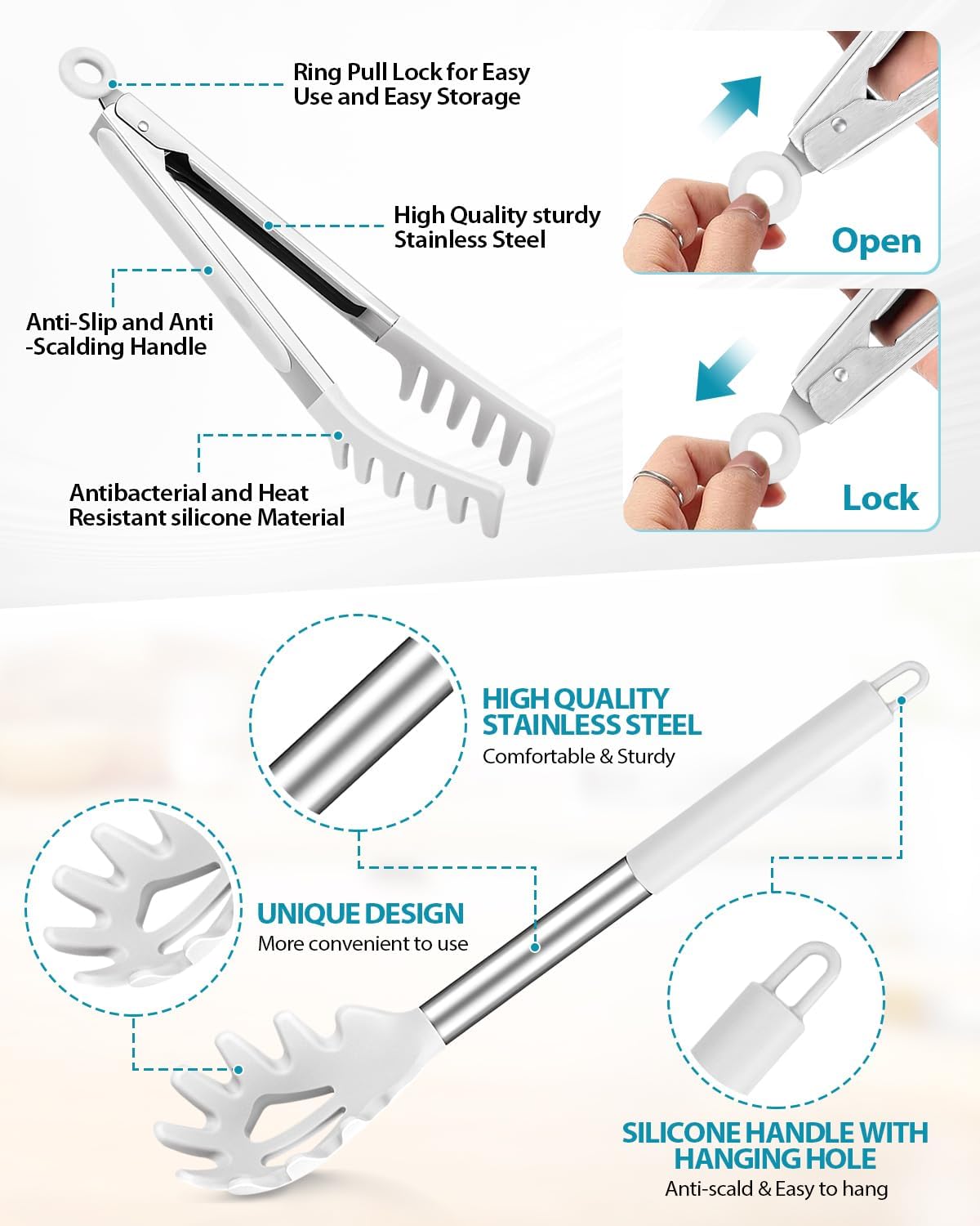 Spaghetti Spoon and Pasta Tong, Non-stick Silicone Spoon Server Fork with teeth and Stainless Steel Handle Spaghetti Tong, Food Clip for Spaghetti Noodle (BLACK)
