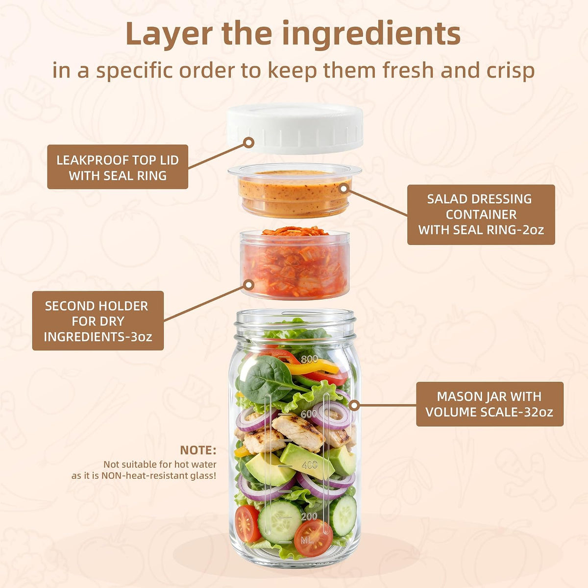 4Pack Glass Salad Jars with lids meal prep- 32oz Leakproof container for lunch | Comes with 2 Built-In Compartments for Wet/Dry Separation | salad dressing and dry ingredients storage.
