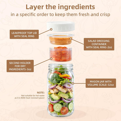 4Pack Glass Salad Jars with lids meal prep- 32oz Leakproof container for lunch | Comes with 2 Built-In Compartments for Wet/Dry Separation | salad dressing and dry ingredients storage.
