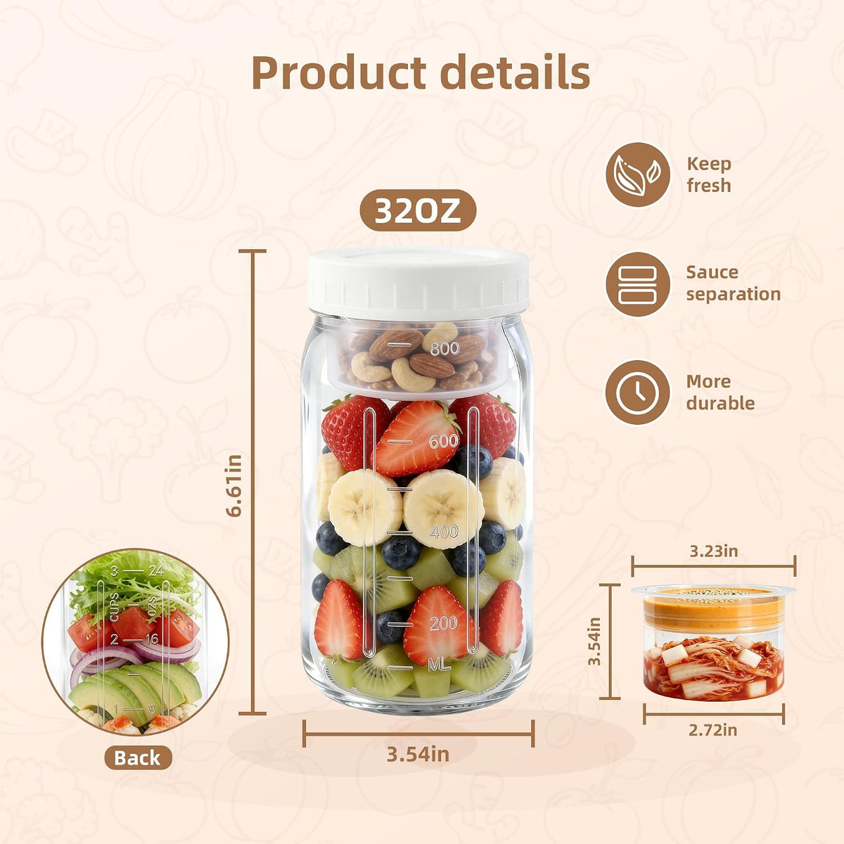 4Pack Glass Salad Jars with lids meal prep- 32oz Leakproof container for lunch | Comes with 2 Built-In Compartments for Wet/Dry Separation | salad dressing and dry ingredients storage.