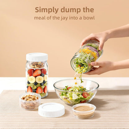 4Pack Glass Salad Jars with lids meal prep- 32oz Leakproof container for lunch | Comes with 2 Built-In Compartments for Wet/Dry Separation | salad dressing and dry ingredients storage.