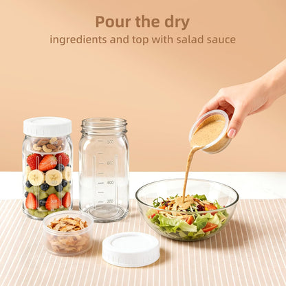 4Pack Glass Salad Jars with lids meal prep- 32oz Leakproof container for lunch | Comes with 2 Built-In Compartments for Wet/Dry Separation | salad dressing and dry ingredients storage.