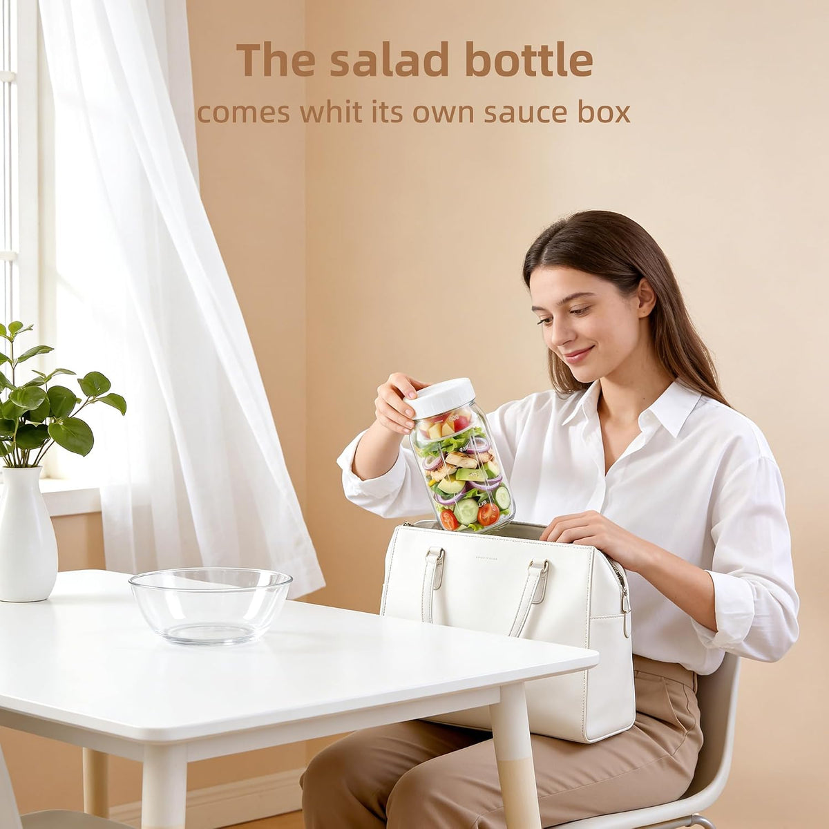 4Pack Glass Salad Jars with lids meal prep- 32oz Leakproof container for lunch | Comes with 2 Built-In Compartments for Wet/Dry Separation | salad dressing and dry ingredients storage.