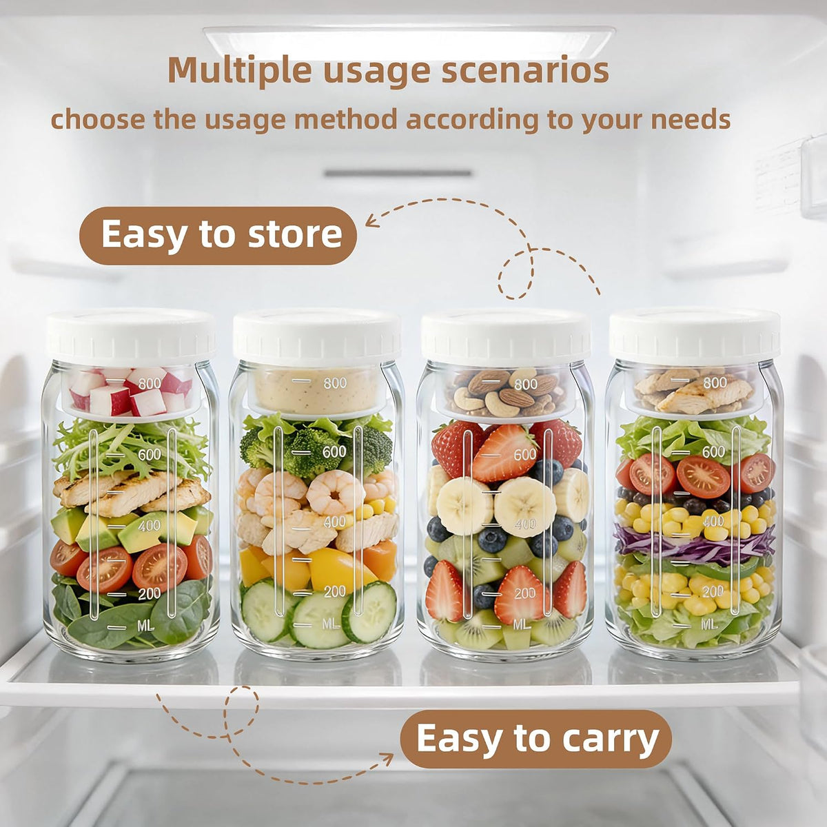 4Pack Glass Salad Jars with lids meal prep- 32oz Leakproof container for lunch | Comes with 2 Built-In Compartments for Wet/Dry Separation | salad dressing and dry ingredients storage.