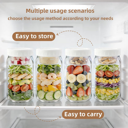 4Pack Glass Salad Jars with lids meal prep- 32oz Leakproof container for lunch | Comes with 2 Built-In Compartments for Wet/Dry Separation | salad dressing and dry ingredients storage.