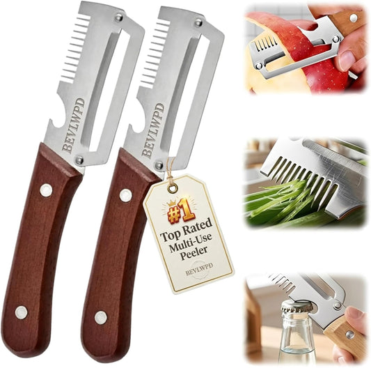 3-in-1 Scallion Shredder & Peeler Kitchen Multi-function Stainless Steel Thickened Fruit Peeling Knife Vegetable Wooden Handled Cutter Tool Zero Flex Veggie Carrot Cabbage Potatoes Peelers(2PCS)