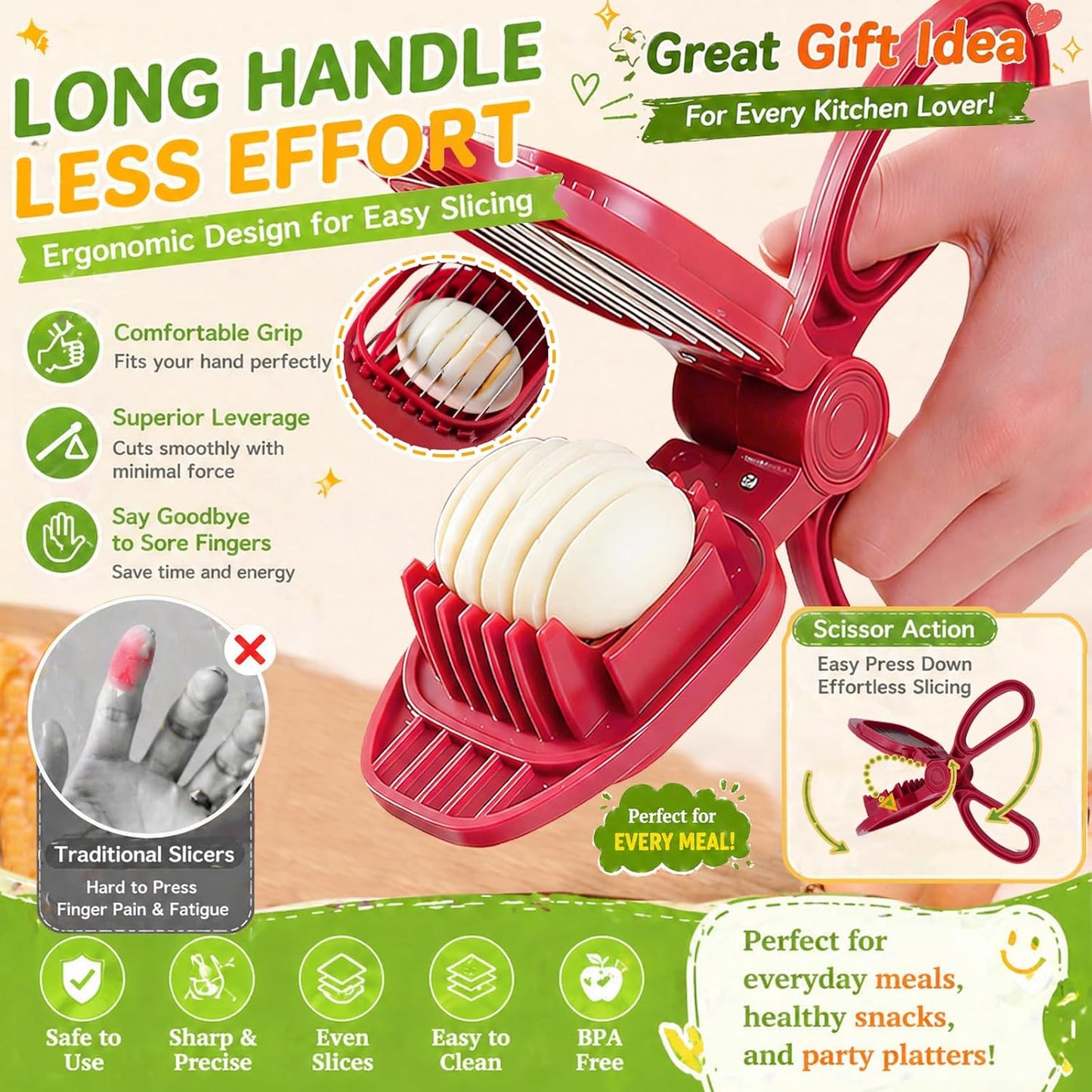 Large Egg Slicer for Hard Boiled Eggs with 304 Stainless Steel Blade | Scissor Handle, Thick and Sturdy Blade, Strawberry Slicers, Easy to Clean Use
