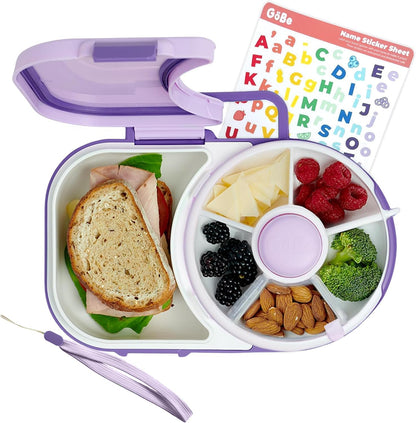 Lunchbox with Small Snack Spinner Flip - Bundle with Hand Strap & Sticker Sheet, 2-in-1 Bento Style Lunch Container, 5 Small +1 Large Sandwich Compartment, BPA & PVC Free - Taro Purple