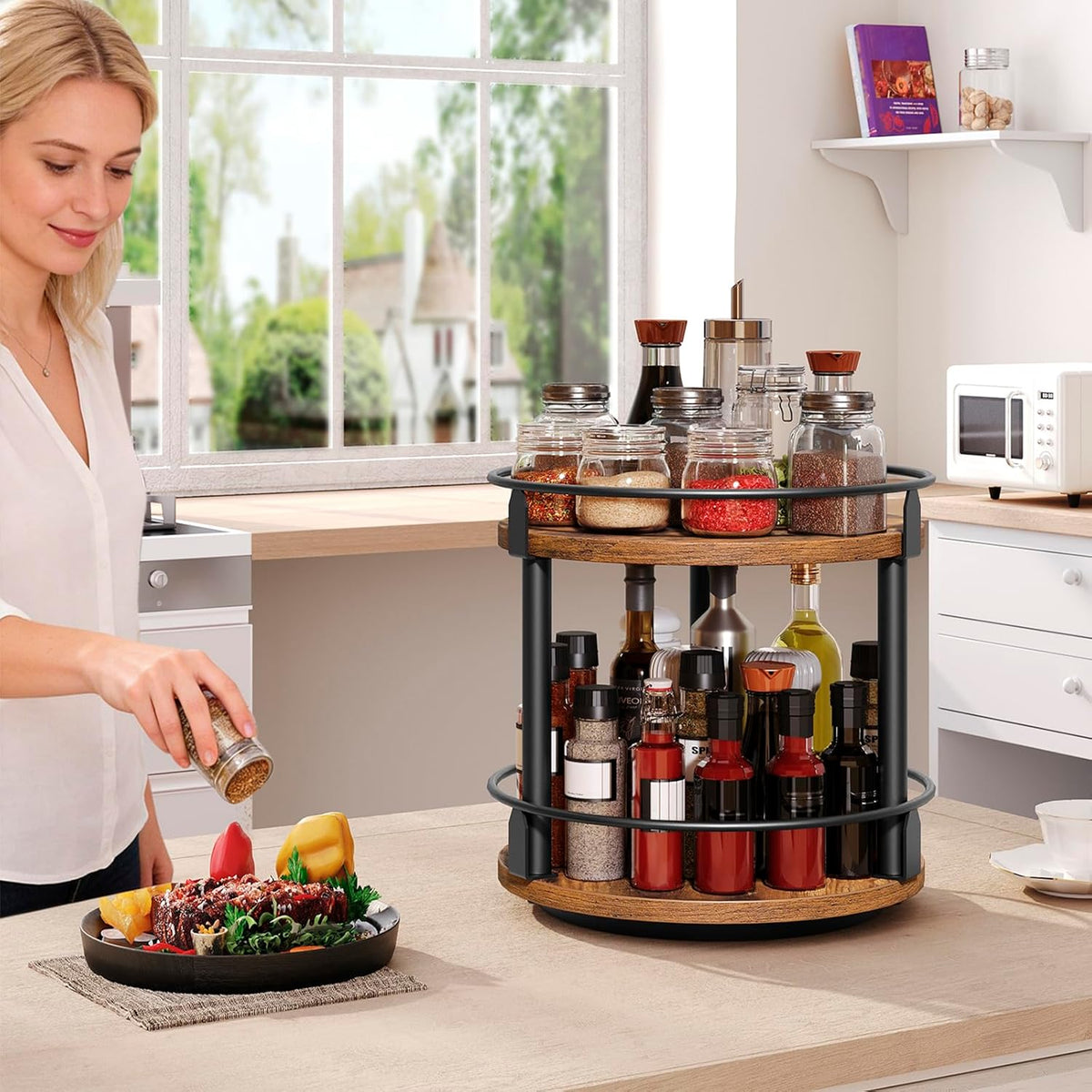 Lazy Susan Organizer, Rotating Spice Rack, 2 Tier Spice Turntable Organizer, Industrial Turntable Spice Holder, for Kitchen Countertop and Cabinet, Compact and Versatile, Rustic Brown SR22BR