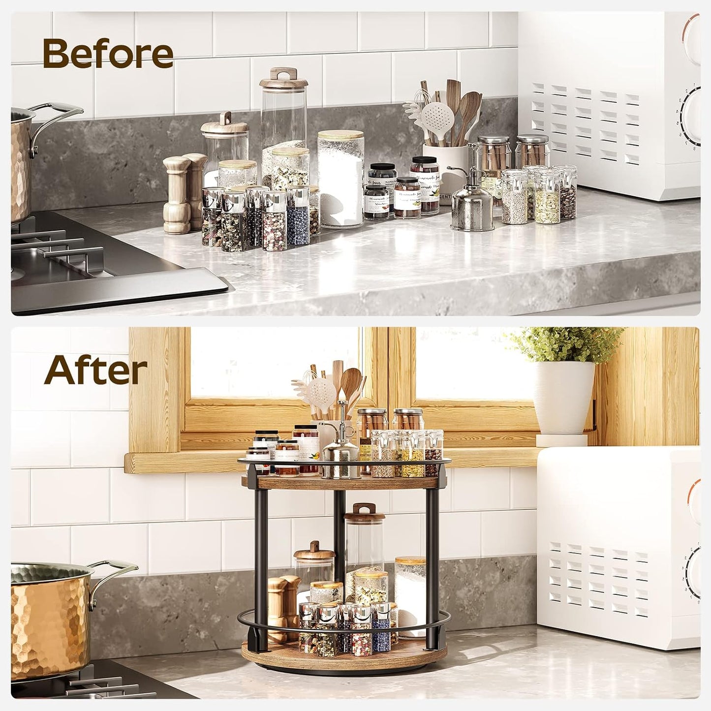 Lazy Susan Organizer, Rotating Spice Rack, 2 Tier Spice Turntable Organizer, Industrial Turntable Spice Holder, for Kitchen Countertop and Cabinet, Compact and Versatile, Rustic Brown SR22BR
