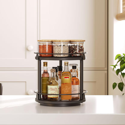 Lazy Susan Organizer, Rotating Spice Rack, 2 Tier Spice Turntable Organizer, Industrial Turntable Spice Holder, for Kitchen Countertop and Cabinet, Compact and Versatile, Rustic Brown SR22BR