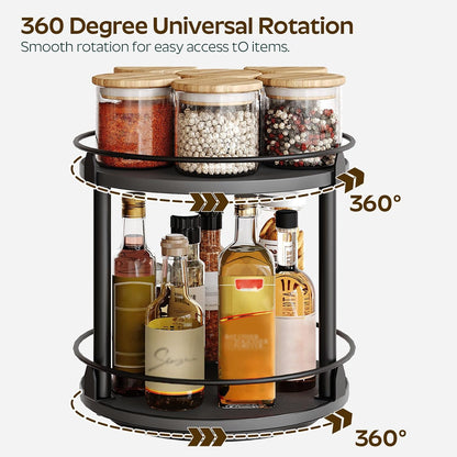 Lazy Susan Organizer, Rotating Spice Rack, 2 Tier Spice Turntable Organizer, Industrial Turntable Spice Holder, for Kitchen Countertop and Cabinet, Compact and Versatile, Rustic Brown SR22BR