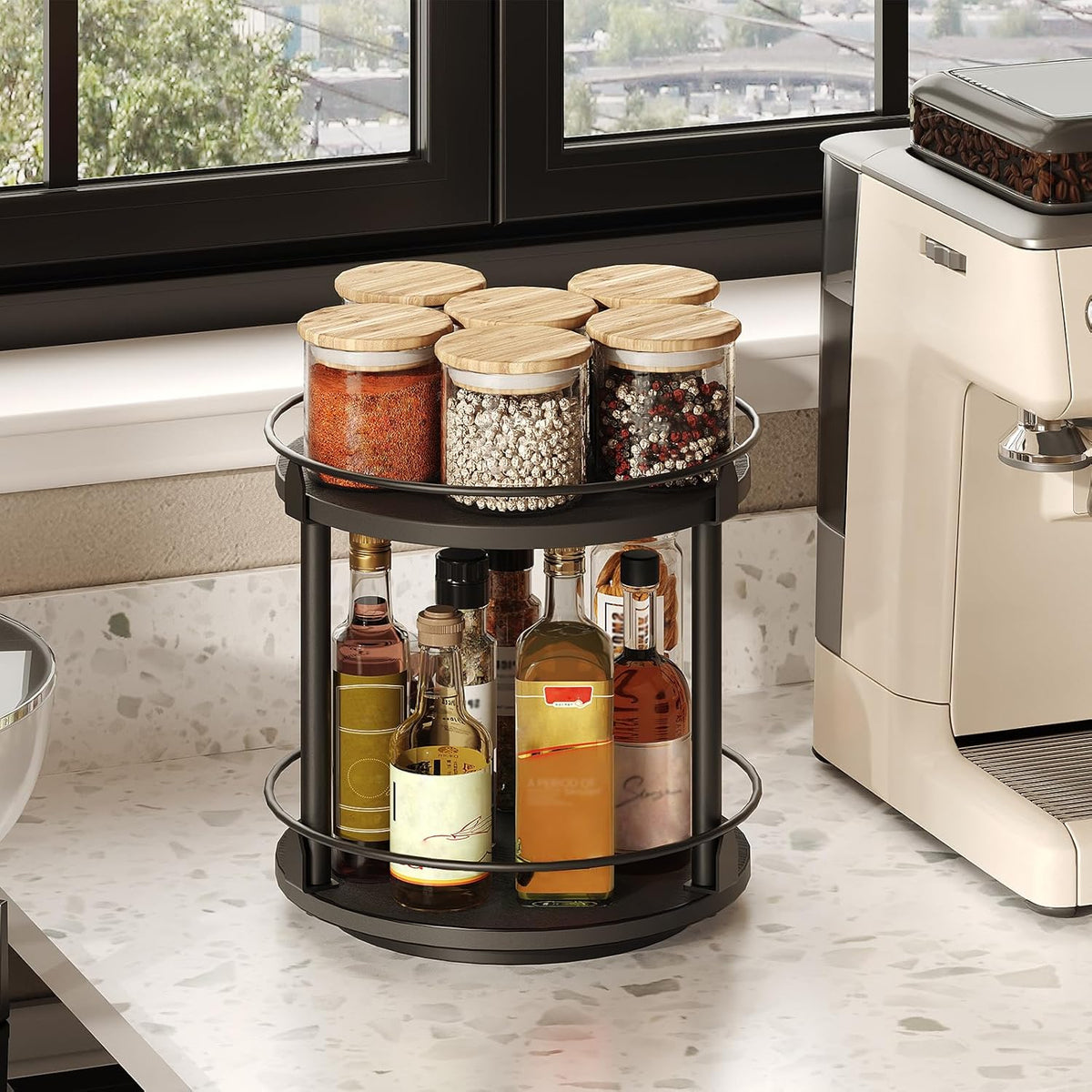 Lazy Susan Organizer, Rotating Spice Rack, 2 Tier Spice Turntable Organizer, Industrial Turntable Spice Holder, for Kitchen Countertop and Cabinet, Compact and Versatile, Rustic Brown SR22BR