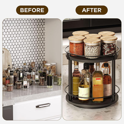 Lazy Susan Organizer, Rotating Spice Rack, 2 Tier Spice Turntable Organizer, Industrial Turntable Spice Holder, for Kitchen Countertop and Cabinet, Compact and Versatile, Rustic Brown SR22BR