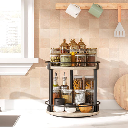 Lazy Susan Organizer, Rotating Spice Rack, 2 Tier Spice Turntable Organizer, Industrial Turntable Spice Holder, for Kitchen Countertop and Cabinet, Compact and Versatile, Rustic Brown SR22BR