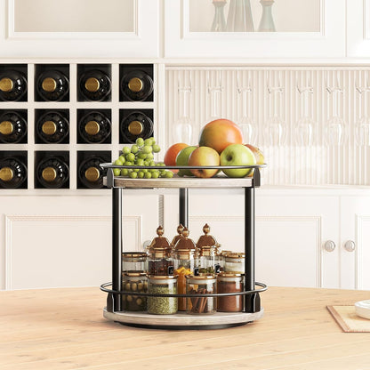Lazy Susan Organizer, Rotating Spice Rack, 2 Tier Spice Turntable Organizer, Industrial Turntable Spice Holder, for Kitchen Countertop and Cabinet, Compact and Versatile, Rustic Brown SR22BR