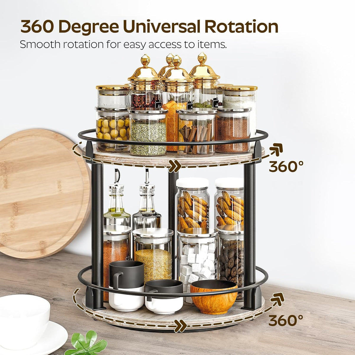 Lazy Susan Organizer, Rotating Spice Rack, 2 Tier Spice Turntable Organizer, Industrial Turntable Spice Holder, for Kitchen Countertop and Cabinet, Compact and Versatile, Rustic Brown SR22BR