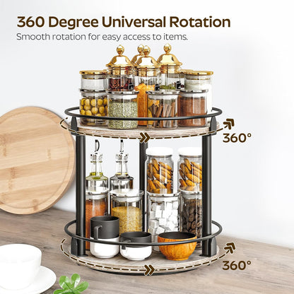 Lazy Susan Organizer, Rotating Spice Rack, 2 Tier Spice Turntable Organizer, Industrial Turntable Spice Holder, for Kitchen Countertop and Cabinet, Compact and Versatile, Rustic Brown SR22BR