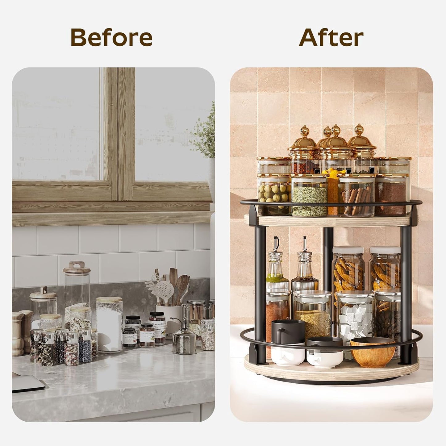 Lazy Susan Organizer, Rotating Spice Rack, 2 Tier Spice Turntable Organizer, Industrial Turntable Spice Holder, for Kitchen Countertop and Cabinet, Compact and Versatile, Rustic Brown SR22BR