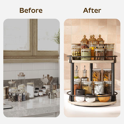 Lazy Susan Organizer, Rotating Spice Rack, 2 Tier Spice Turntable Organizer, Industrial Turntable Spice Holder, for Kitchen Countertop and Cabinet, Compact and Versatile, Rustic Brown SR22BR