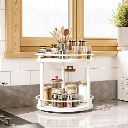 Lazy Susan Organizer, Rotating Spice Rack, 2 Tier Spice Turntable Organizer, Industrial Turntable Spice Holder, for Kitchen Countertop and Cabinet, Compact and Versatile, Rustic Brown SR22BR