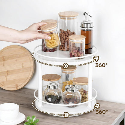 Lazy Susan Organizer, Rotating Spice Rack, 2 Tier Spice Turntable Organizer, Industrial Turntable Spice Holder, for Kitchen Countertop and Cabinet, Compact and Versatile, Rustic Brown SR22BR