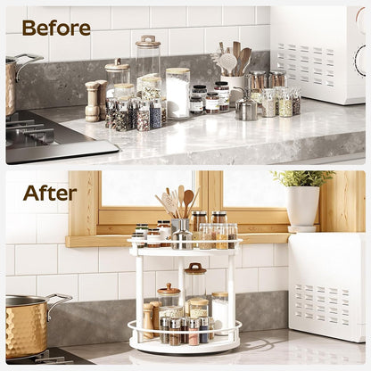 Lazy Susan Organizer, Rotating Spice Rack, 2 Tier Spice Turntable Organizer, Industrial Turntable Spice Holder, for Kitchen Countertop and Cabinet, Compact and Versatile, Rustic Brown SR22BR