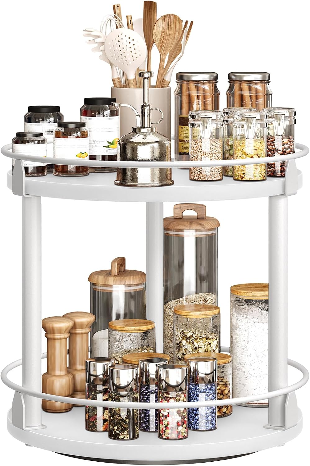 Lazy Susan Organizer, Rotating Spice Rack, 2 Tier Spice Turntable Organizer, Industrial Turntable Spice Holder, for Kitchen Countertop and Cabinet, Compact and Versatile, Rustic Brown SR22BR