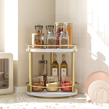 Lazy Susan Organizer, Rotating Spice Rack, 2 Tier Spice Turntable Organizer, Industrial Turntable Spice Holder, for Kitchen Countertop and Cabinet, Compact and Versatile, Rustic Brown SR22BR