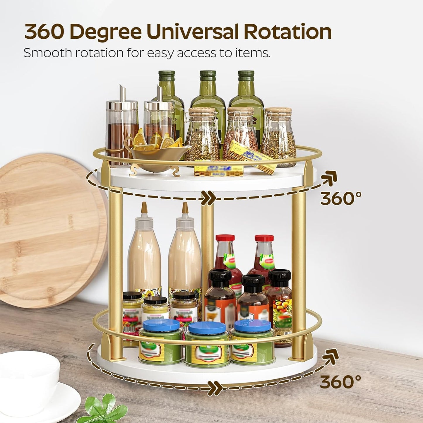 Lazy Susan Organizer, Rotating Spice Rack, 2 Tier Spice Turntable Organizer, Industrial Turntable Spice Holder, for Kitchen Countertop and Cabinet, Compact and Versatile, Rustic Brown SR22BR